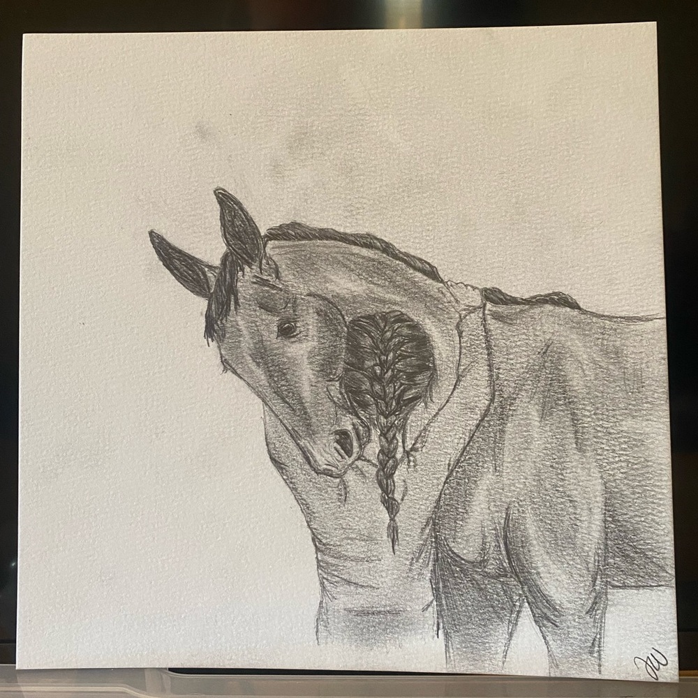 Mule hugging girl drawing